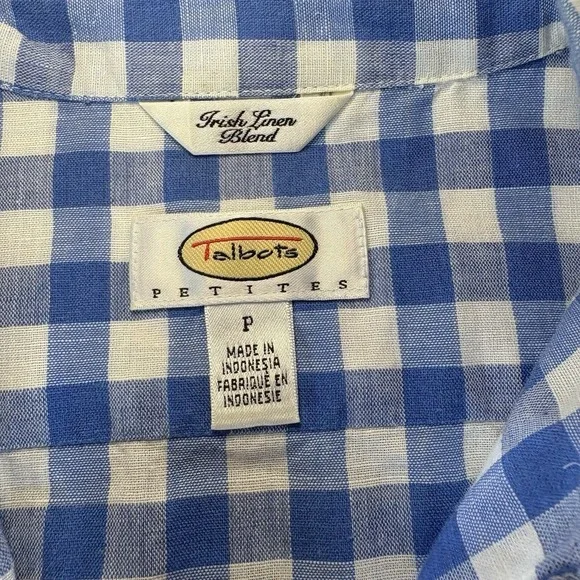 Talbots Women's Pure Irish Linen Shirt Blend Blue White Check 3/4 Sleeve‎ Sz P - Picture 2 of 9